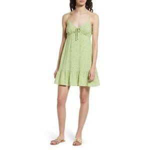 Abound Women's Tie Front Baby Doll Mini Dress in Green Multi Cotton Ditsy Size S